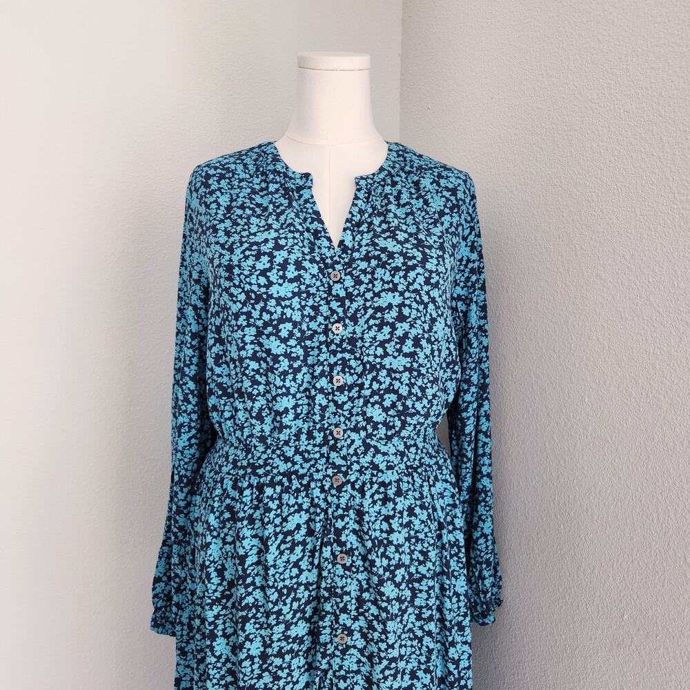 Vintage LOFT Blue Floral Long Sleeve Button Down A-Line Midi Dress L - Picture 3 of 12